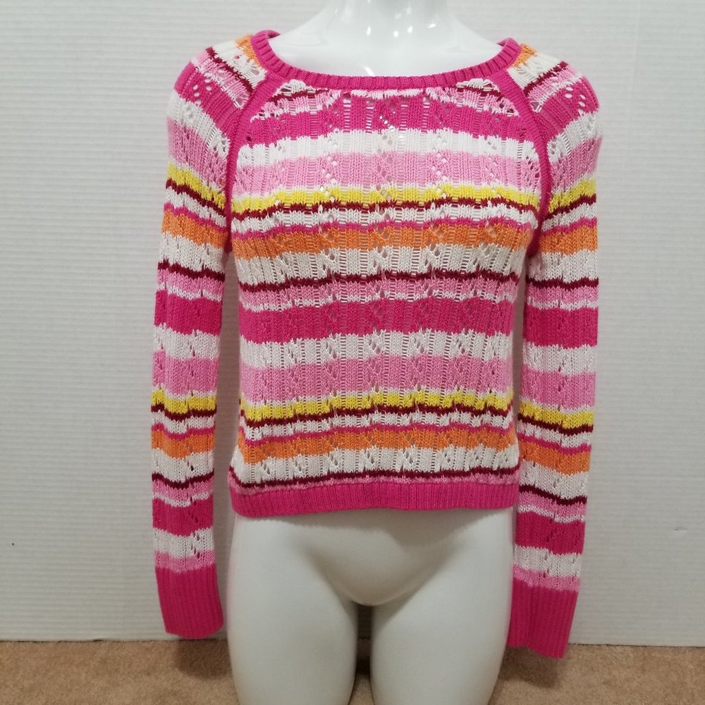 Justice sweater 16 striped open knit crochet pointelle pullover long sleeve